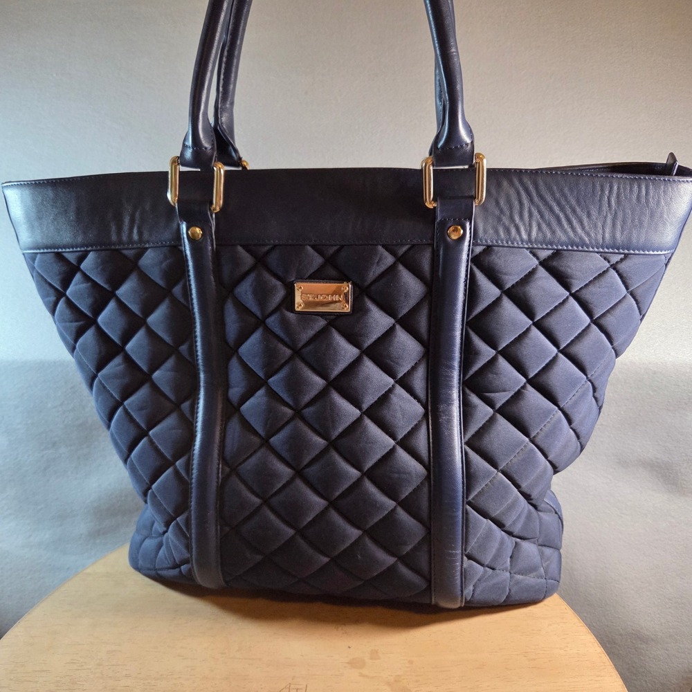 St John Navy‎ Blue Quilted Nylon Tote Bag Leather Trim Gold Hardware Luxury